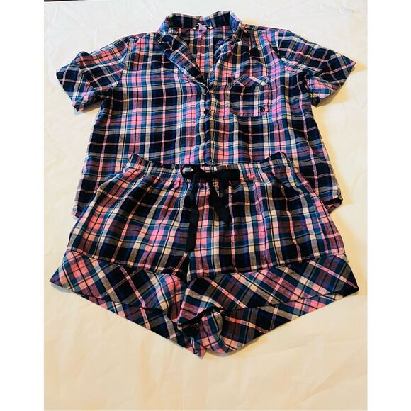 Victoria's Secret pink and blue plaid cotton short sleeve pajama set - Picture 1 of 7